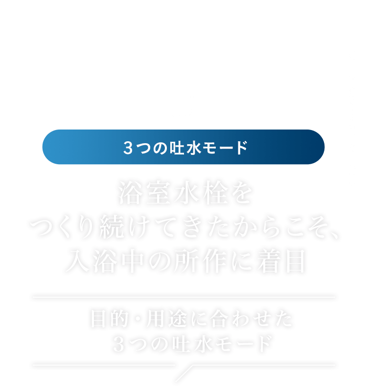 02 ３つの吐水モード │ 浴室水栓を つくり続けてきたからこそ、入浴中の所作に着目 目的・用途に合わせた３つの吐水モード
