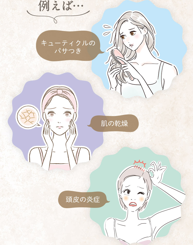 例えば… キューティクルのパサつき 肌の乾燥 頭皮の炎症