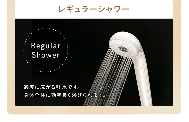 レギュラーシャワー 適度に広がる吐水です。身体全体に効率良く浴びられます。
