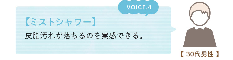 voice04. 【ミストシャワー】 皮脂汚れが落ちるのを実感できる。(30代男性)