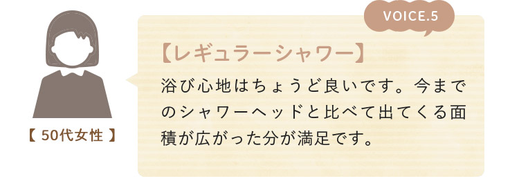 voice05. 【レギュラーシャワー】 浴び心地はちょうど良いです。今までのシャワーヘッドと比べて出てくる面積が広がった分が満足です。(50代女性)