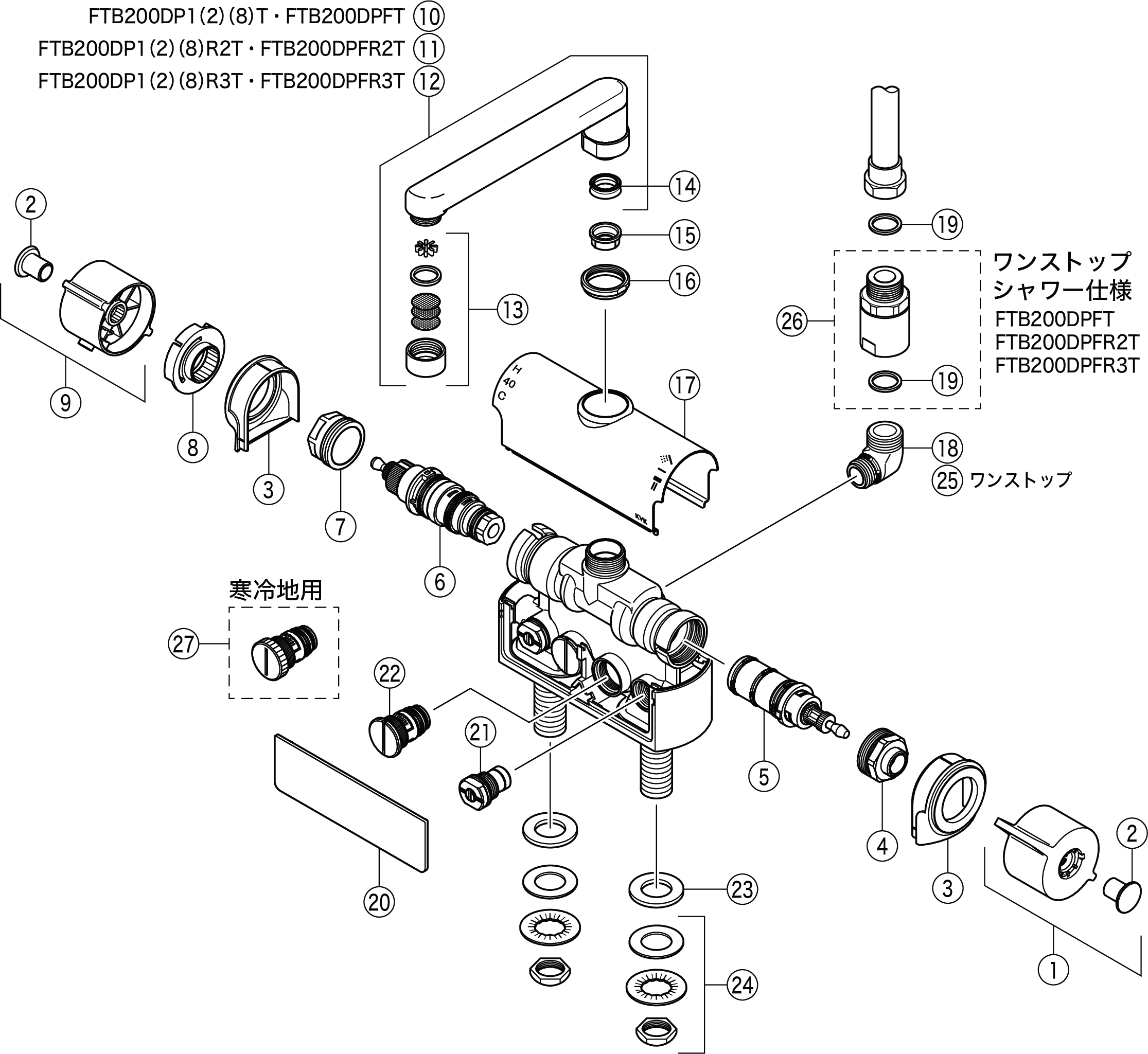 KVK デッキ形サーモスタット式シャワー混合水栓 300mmパイプ付 寒冷地用 KF771ZR3 - 2