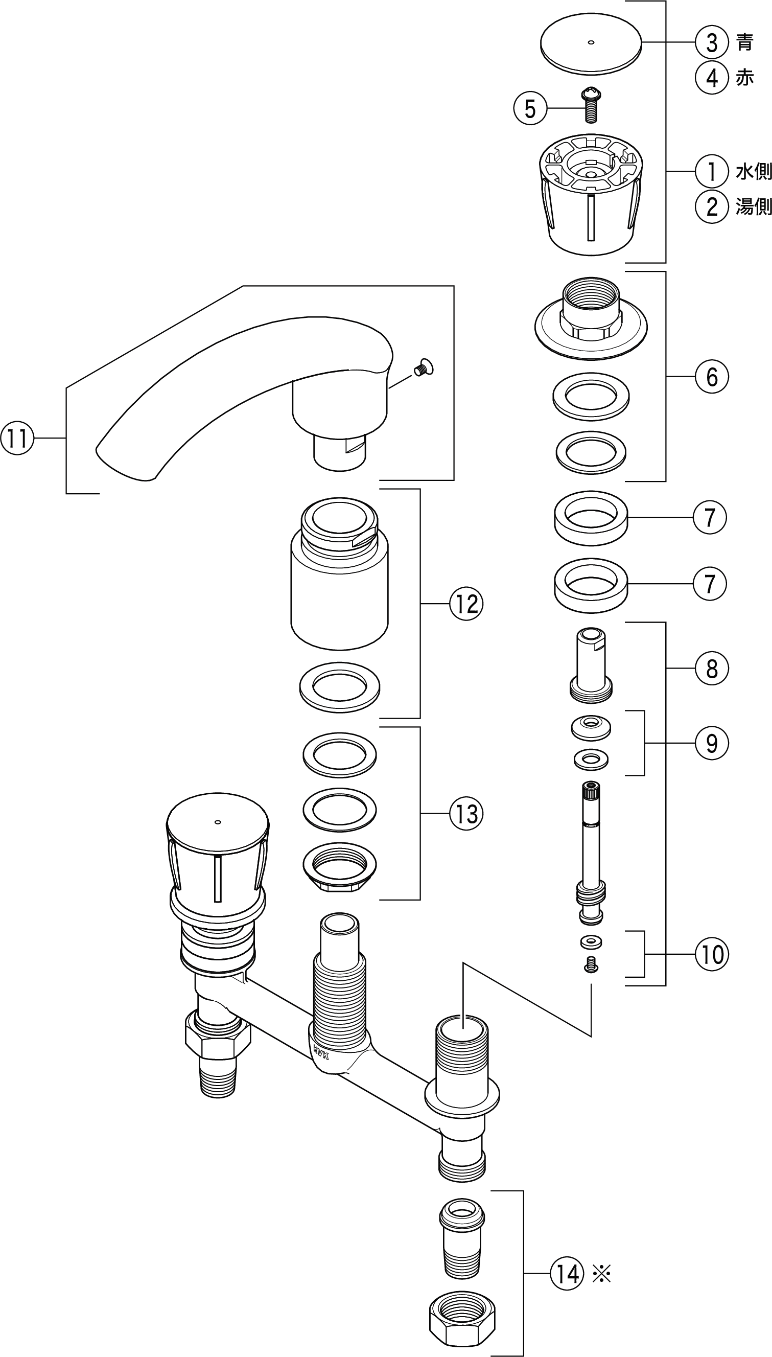2ハンドル混合栓（ユニオン接続）：KM71｜浴室用水栓：埋込2ハンドル 